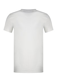 Hvid kortærmet T-shirt vist bagfra med en rund halsudskæring på en hvid baggrund.