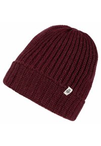 Burgundy knit beanie hat with a ribbed texture and a folded cuff. Features a small sewn-on label on the side. Soft wool blend material.