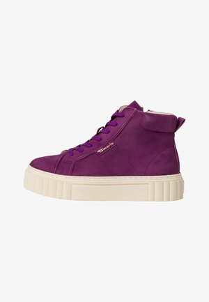Purple suede high-top sneakers with a cream chunky sole, featuring matching laces and a small gold logo detail on the side.