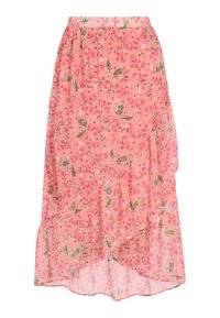 Bloemen maxi rok van doorschijnende roze stof met een gerimpelde zoom. Bevat kleine, gekleurde bloemen en groene bladeren overal. Elastische tailleband.