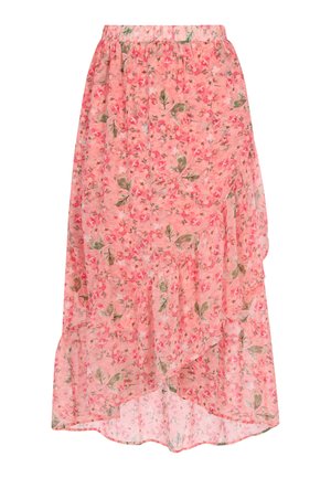 Floraler Maxirock aus transparentem rosa Stoff mit einem Rüschensaum. Präsentiert kleine, mehrfarbige Blumen und grüne Blätter throughout. Elastischer Bund.