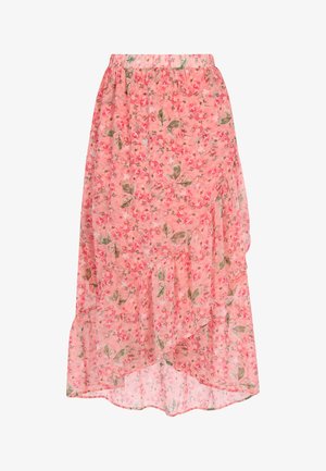 Fustă maxi florală din material roz transparent, cu margine volanată. Are flori mici, multicolore și frunze verzi pe întreaga suprafață. Talie elastică.