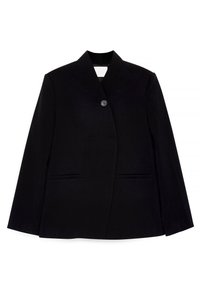 Must mängitud must ülikondjakk, millel on eestnööbiga sulgemine, terav krae ja kaks külgtaskut. Kude on sile tekstuuriga ja struktureeritud disainiga.