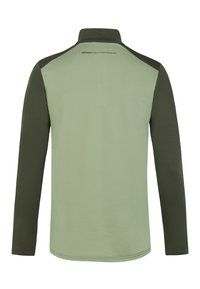 Groene lange mouwen pullover met hoge kraag; heeft donkerdere groene mouwen en schouderaccenten; gladde textuur; logo op de achterkant.