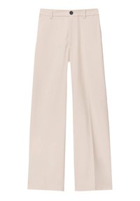 Pantalon à jambes larges en tissu beige clair, doté d'une patte de boutonnage, de passants pour ceinture et d'une texture lisse. Lignes épurées sans motifs supplémentaires.