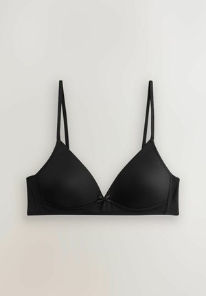 Sutien triangular negru cu bretele subțiri ajustabile, material moale, un mic detaliu cu fundiță în față și design fără cusături pentru un aspect neted.