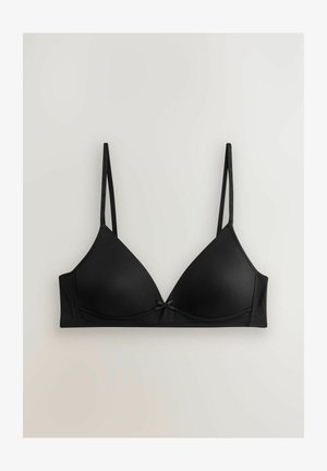 Svart triangulär bh med tunna justerbara band, mjukt tyg, en liten framknutningsdetalj och sömlös design för en slät look.