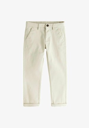 Pantalons beiges clairs en tissu mélangé coton, avec deux poches avant, une fermeture à bouton et des ourlets retroussés.