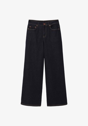 Tamsiai mėlynos plačios džinsinės kelnės iš džinso audinio. Ypatingos savybės: oranžinės siūlės, penkių kišenių dizainas ir sagos bei užtrauktuko uždarymas.