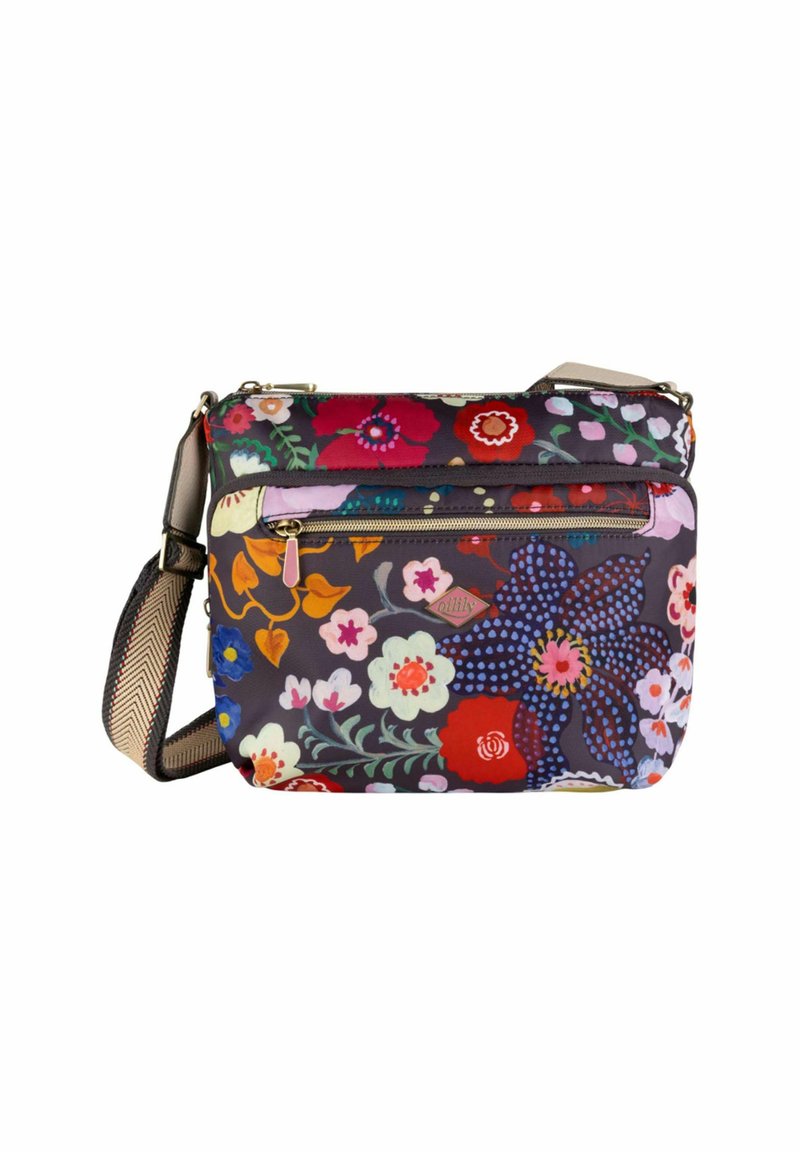 Borsa a tracolla floreale in tessuto scuro con un mix di fiori colorati, tasca frontale con zip e tracolla regolabile a righe.