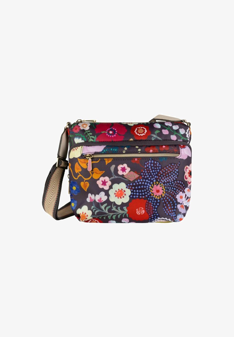 Borsa a tracolla floreale in tessuto scuro con un mix di fiori colorati, tasca frontale con zip e tracolla regolabile a righe.