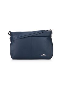 Navyblaue Leder-Umhängetasche mit glatter Textur, ausgestattet mit einem einzelnen verstellbaren Trageriemen und einem dezenten Logoakzent auf der Vorderseite.