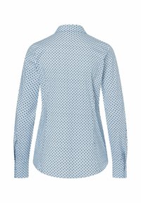 Blaues Langarmhemd mit einem kleinen, wiederholten Tropfenmuster. Hergestellt aus einem glatten Stoff mit einem klassischen Kragen und geknöpften Manschetten.