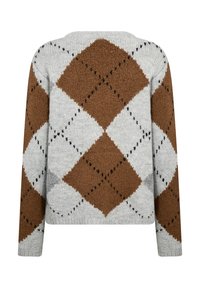 Maglione lavorato a maglia in grigio chiaro con motivo argyle marrone e bianco. Tessuto strutturato con scollo rotondo e maniche lunghe.
