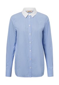 Light blue striped shirt with a white collar, long sleeves, and button-down front. Fabric appears smooth with a fitted design.
