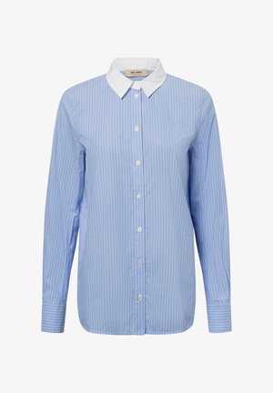 Light blue striped shirt with a white collar, long sleeves, and button-down front. Fabric appears smooth with a fitted design.