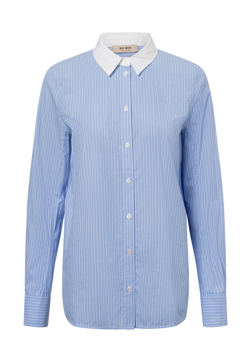 Light blue striped shirt with a white collar, long sleeves, and button-down front. Fabric appears smooth with a fitted design.