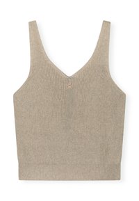 Haut court tricoté beige clair avec un col en V, larges bretelles, ourlet côtelé et tissu texturé. Design simple sans motifs ni éléments métalliques.