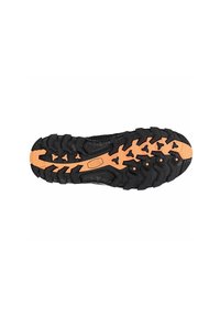 Schwarze Gummisohle mit tiefen Profilmustern für Traktion, mit einem orangen Akzent in der Mitte und einzigartigen Stollen-Designs.