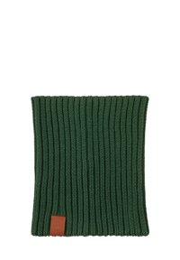 Zielony dziergany komin o prążkowanej fakturze. Zawiera małą brązową skórzaną metkę. Odpowiedni na zimną pogodę.