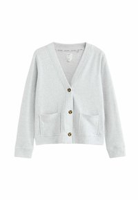 Světle šedý žebrovaný cardigan s hlubokým V-výstřihem, předním zapínáním na knoflíky a dvěma nakládanými kapsami. Obsahuje manžety a mírně volný střih.