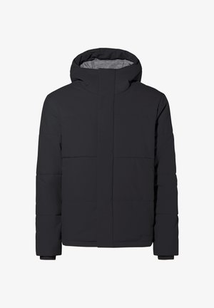 Zwarte pufferjack met capuchon, met een matte afwerking, rechte snit en vier horizontale naden aan de voorkant. Binnenvoering is grijs.