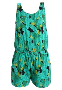 Grön och svart jumpsuit med bladmönster, med rundad halsringning, elastiskt midjeband, två sidfickor och justerbar dragsko.