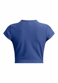 Blå randig cropped top med korta ärmar, med en rund halsringning och sömlös design som ger en mjuk textur och en figurnära look.