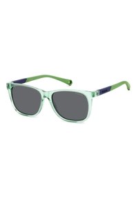 Groene zonnebril met een transparant montuur. Voorzien van grijze lenzen en armen in twee kleuren: groen en donkerblauw, met branding aan de zijkant.