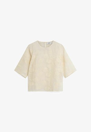 Snehobiele blúzka s troma štvrtinovými rukávmi, kvetinovou výšivkou, okrúhlym výstrihom a skrytým zipsom na zadnej strane. Mäkká štruktúra.