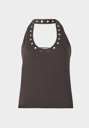 Σκούρο καφέ αμάνικο τοπ με στρογγυλή λαιμόκοψη, που διαθέτει ασημί οπές γύρω από τον γιακά και εφαρμοστή σιλουέτα.