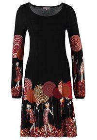 Robe noire à manches longues avec encolure ronde, ornée de grands motifs de sucettes spirales colorées et de filles stylisées tenant des bâtons sur les manches et l'ourlet.
