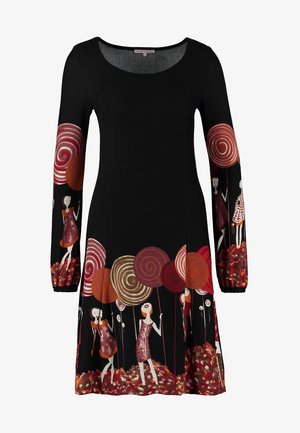 Sort langærmet kjole med rund halsudskæring, med farverige store spiral slikkepindemønstre og stiliserede piger, der holder pinde på ærmer og kant.