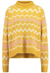 Żółty sweter w wzory z wysokim kołnierzem, zygzakowatymi i diamentowymi motywami w kolorach białym i różowym, o krótkim kroju i prążkowanym wykończeniu.
