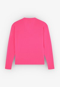 Kirkkai pinkki neulepaita, jossa on pitkät hihat, pyöreä kaula-aukko sekä ribatidut hihansuut ja helma. Tasainen rakenne ja tasainen ompelu koko ajan.