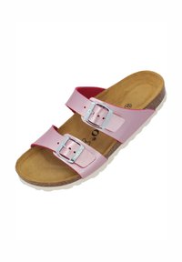 Sandalo rosa in pelle con due cinturini regolabili, fibbie argentate, una soletta in sughero marrone e suola in gomma bianca.