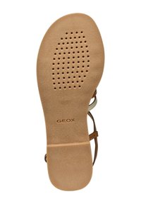 Suola di sandalo Geox marrone chiaro con superficie texturizzata e molteplici fori di ventilazione. Presenta un bordo liscio e un'impronta del logo sul tallone.