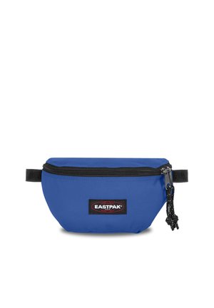 Riñonera Eastpak azul con cremallera negra y correas negras ajustables, con un parche de logo frontal y cordones en la cremallera.