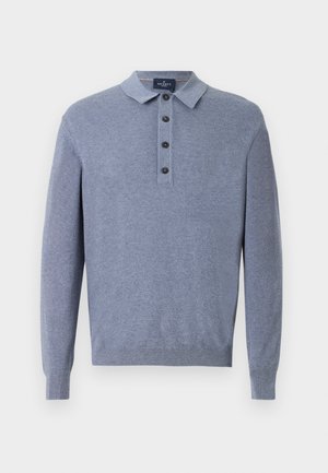 Light blue long-sleeve polo sweater with a textured finish, three dark buttons at the collar, and ribbed cuffs and hem.