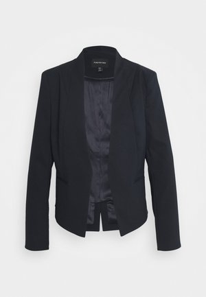 Černý blazer s elegantním, moderním designem. Má saténovou podšívku, žádné knoflíky a nenápadné boční kapsy. Přiléhavý střih, strukturované ramena.