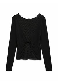 Crna majica dugih rukava s čipkastim umetak na leđima, nabrana prednja strana s detaljem u obliku zavrtnja i glatke teksture.