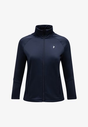 Marineblå zip-up jakke, lavet af blødt stof, har høj krave, raglanærmer og to sidelommer; inkluderer et logo på brystet.