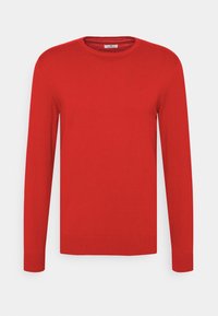 Maglione rosso a girocollo in tessuto leggero a maglia. Presenta maniche lunghe e polsini e orlo a costine. Texture liscia senza motivi.