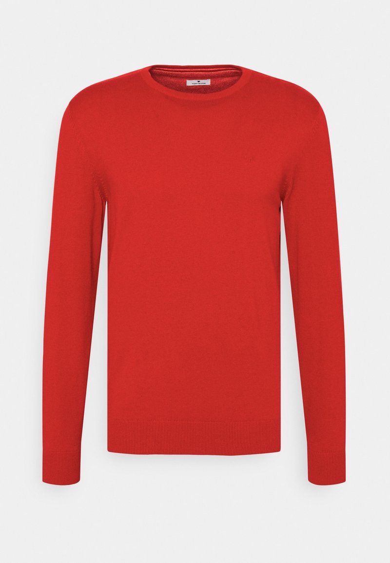 Maglione rosso a girocollo in tessuto leggero a maglia. Presenta maniche lunghe e polsini e orlo a costine. Texture liscia senza motivi.