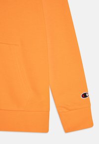 Sudadera naranja con bolsillo frontal, puños y dobladillo acanalados, y un pequeño logotipo bordado en la manga. Textura suave.