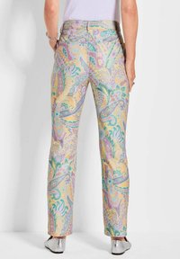 Uitlopende broeken in pastelkleuren met paisleyprint. Gemaakt van textuurstof, met een hoge taille en standaardzakken.