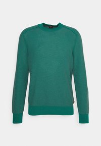 Pull à col rond en maille bleu sarcelle à manches longues avec motif texturé, poignets et ourlet côtelés, présenté sur un fond uni.