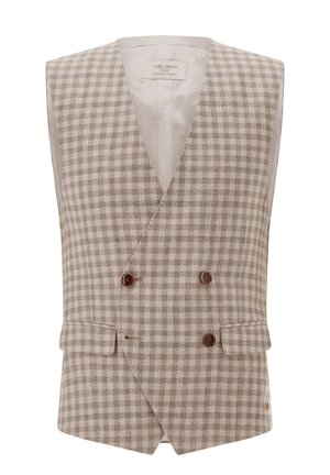 Beige karierte Weste mit braunen Knöpfen, doppelreihigem Design und zwei Seitentaschen. Hergestellt aus strukturiertem Stoff mit glatter Innenfütterung.