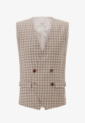 Beige karierte Weste mit braunen Knöpfen, doppelreihigem Design und zwei Seitentaschen. Hergestellt aus strukturiertem Stoff mit glatter Innenfütterung.