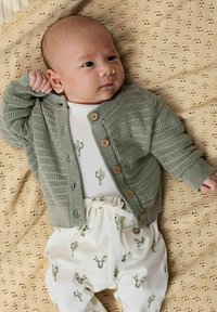 Zeleni pleteni kardigan z lesenimi gumbi, bela srajca z vzorcem kaktusa in bež odeja s potiskom pod njim.